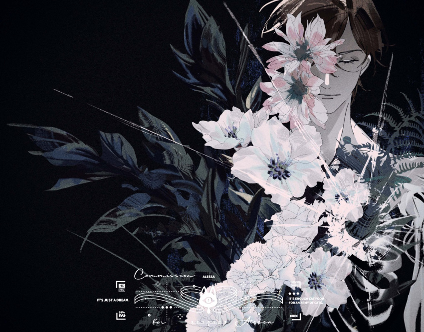 1boy, black_background, bullet_hole, closed_eyes, closed_mouth, commission, crack, eyelashes