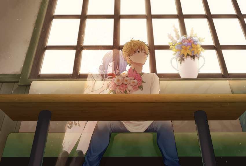 1boy, 1girl, black_boots, blonde_hair, blue_flower, blue_pants, boots, bouquet