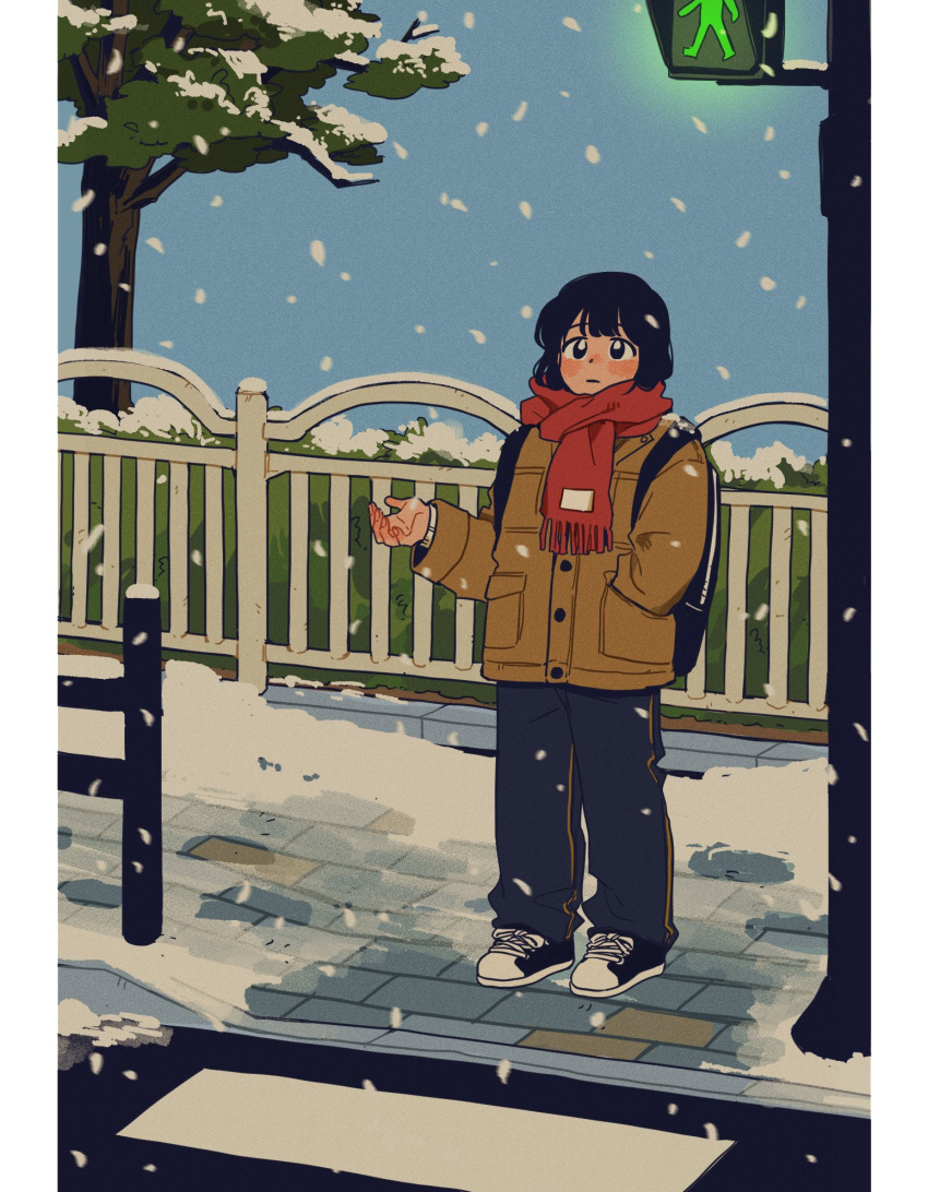 1girl, backpack, bag, black_eyes, black_hair, black_pants, black_shoes, blush