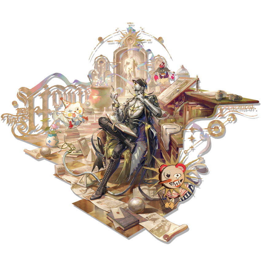 1boy, absurdres, arknights, black_hat, black_suit, boots, brown_boots, facial_hair