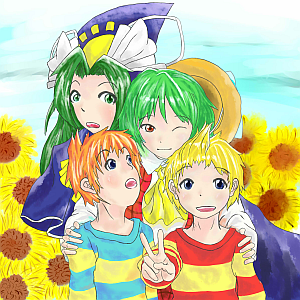 ascot, blonde_hair, blush, claus, crossover, flower, green_eyes, green_hair