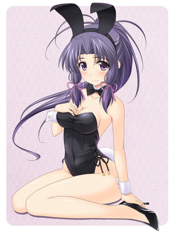 bare_legs, bare_shoulders, blush, bunny_ears, bunny_girl, bunny_tail, bunnysuit, hair_ribbon, hairband, haruka_(sister_princess), high_heels, highres, long_hair, masakichi_(crossroad), purple_eyes, purple_hair, ribbon, shoes, sister_princess, sitting, solo, tail, twintails, violet_eyes, wariza