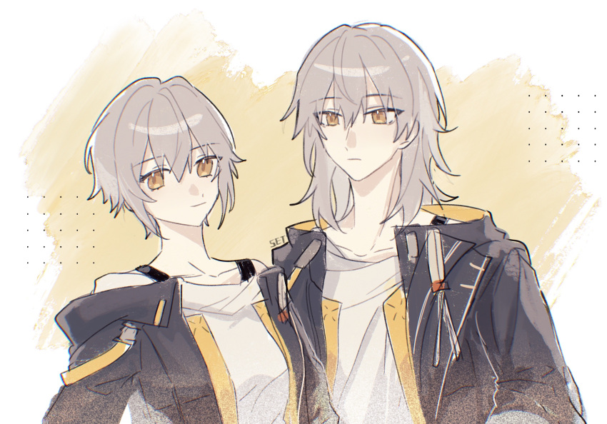 1boy, 1girl, alternate_hair_length, alternate_hairstyle, artist_name, black_jacket, bra_strap, breasts, caelus_(honkai:_star_rail), closed_mouth, commentary_request, dual_persona, grey_hair, hair_length_switch, highres, honkai:_star_rail, honkai_(series), jacket, long_hair, looking_at_viewer, medium_breasts, mizilone, shirt, short_hair, simple_background, stelle_(honkai:_star_rail), trailblazer_(honkai:_star_rail), two-tone_background, upper_body, white_background, white_shirt, yellow_background, yellow_eyes