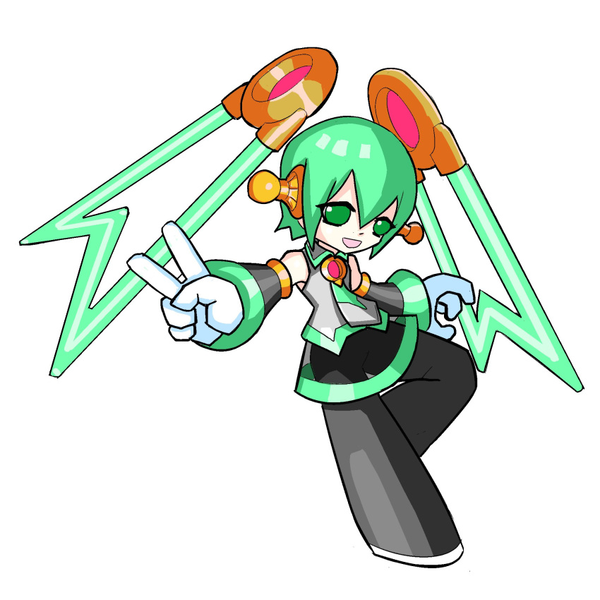 1girl, android, aqua_hair, aqua_necktie, bare_shoulders, black_sleeves, cyber_elf_(mega_man), detached_hair, detached_sleeves, full_body, gloves, green_eyes, grey_shirt, hair_ornament, hatsune_miku, hayebsi, highres, long_hair, looking_at_viewer, mega_man_(series), mega_man_zero_(series), necktie, open_mouth, robot, robot_girl, shirt, simple_background, skirt, sleeveless, sleeveless_shirt, smile, solo, spring_onion, thigh-highs, twintails, v, very_long_hair, vocaloid, white_background, white_gloves