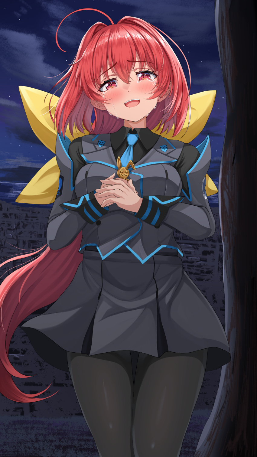 1girl, absurdres, ahoge, black_pantyhose, black_shirt, blue_necktie, blush, bow