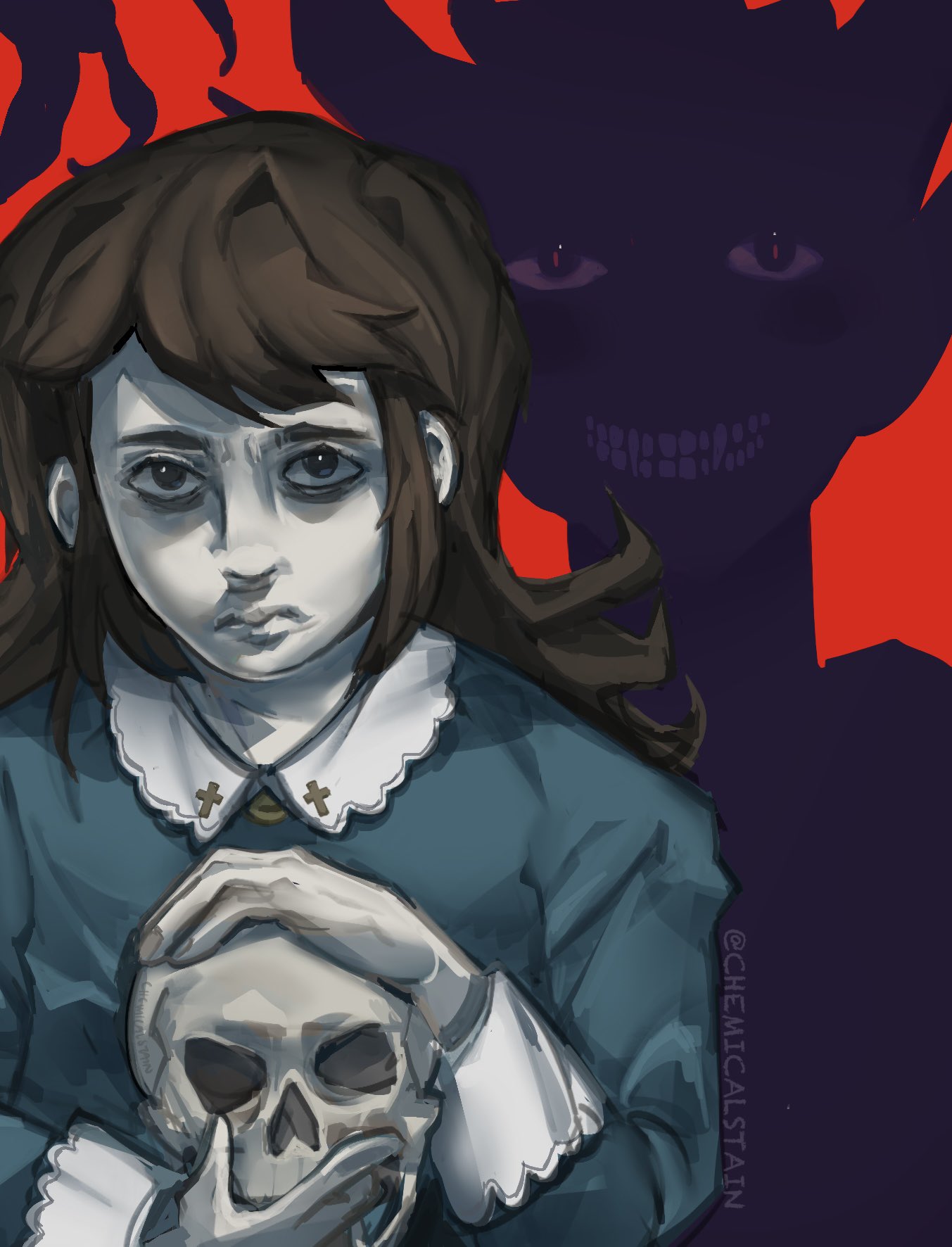 2boys, abaddon_(demon)_(haunted_hotel), abaddon_(haunted_hotel), belt, black_eyes, black_hair, blue_eyes, blue_shirt, chemicalstain, cross, demon, demon_boy, expressionless, haunted_hotel, highres, horror_(theme), looking_at_viewer, multiple_boys, priest_(haunted_hotel), red_pupils, shirt, slit_pupils