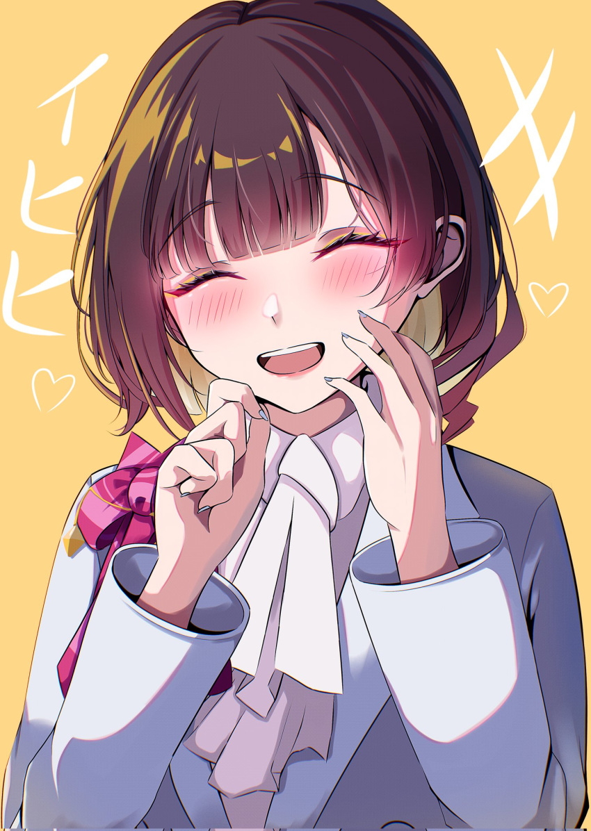 1girl, ascot, blonde_hair, blush, bow, brown_hair, colored_inner_hair, highres