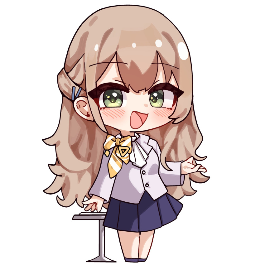 1girl, blush, brown_hair, chibi, hanazono_sayaka, highres, hololive, jadea5124, long_hair, long_sleeves, looking_at_viewer, open_mouth, smile, solo, virtual_youtuber