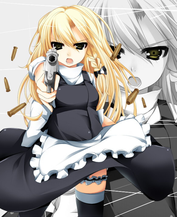 aiming_at_viewer, apron, black_legwear, blonde_hair, blush, braid, gun, kirisame_marisa