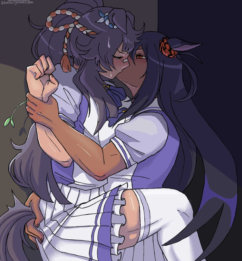 2girls, against_wall, animal_ears, artist_name, bandaid, bandaid_on_face, bandaid_on_nose, black_hair