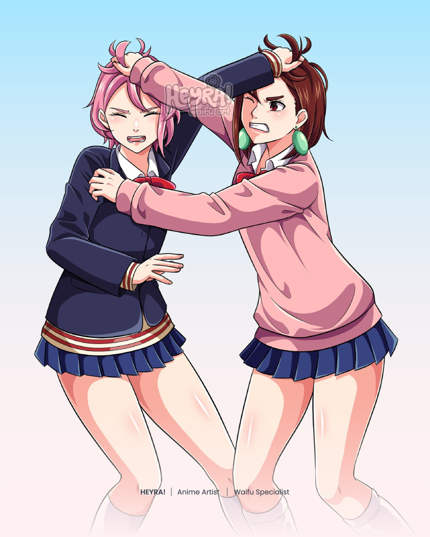 2girls, artist_name, ayase_momo, black_jacket, bow, brown_eyes, brown_hair, clenched_teeth, closed_eyes, commentary, commission, dandadan, earrings, english_commentary, fighting, grabbing_another's_hair, heyreza.art, highres, holding_another's_hair, jacket, jewelry, miniskirt, multiple_girls, one_eye_closed, open_mouth, pink_hair, pink_sweater, pleated_skirt, red_bow, scene_reference, school_uniform, shiratori_aira_(dandadan), short_hair, skirt, socks, sweater, teeth, watermark, white_socks
