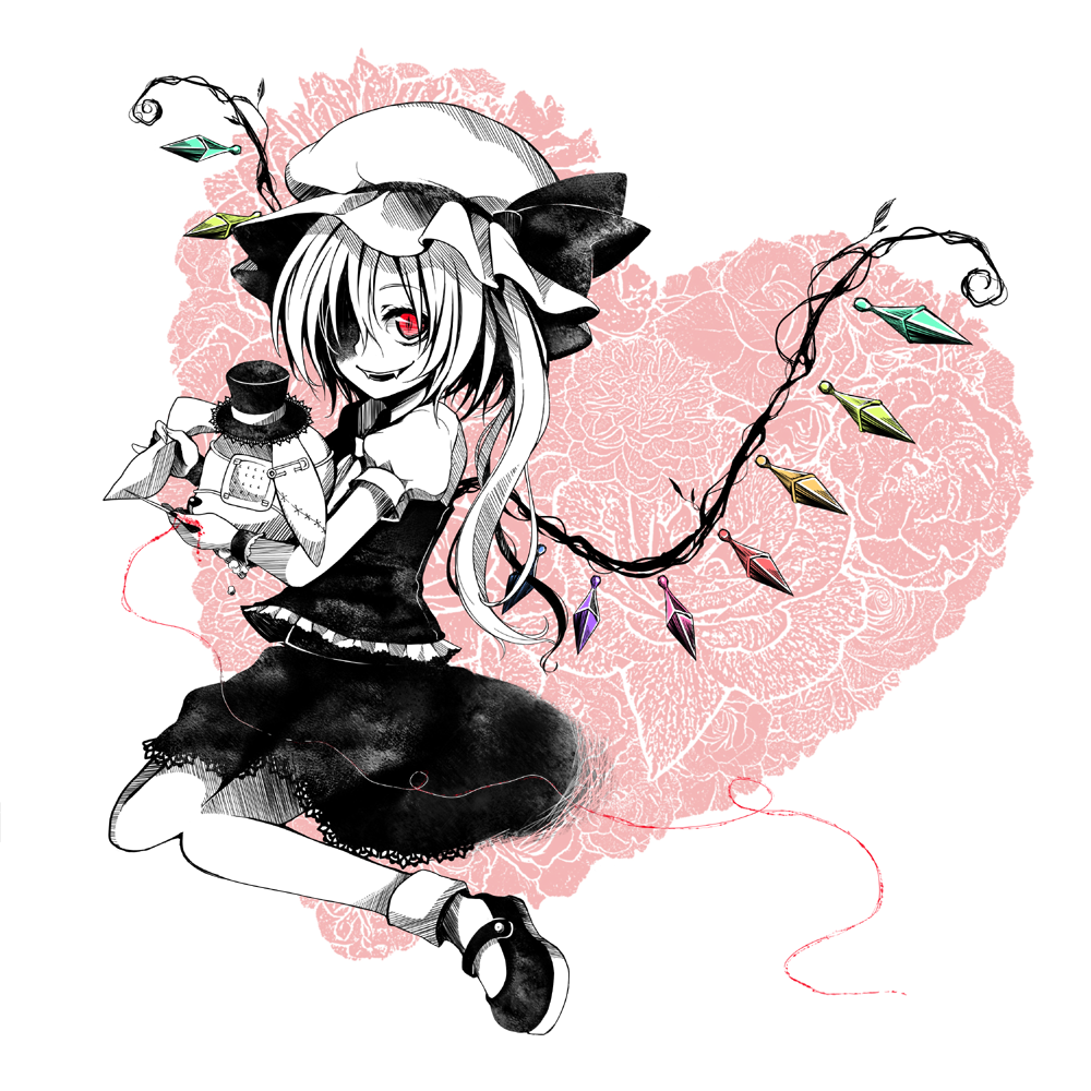 doll, fangs, flandre_scarlet, hat, hoozuki_shia, mary_janes, monochrome, pink