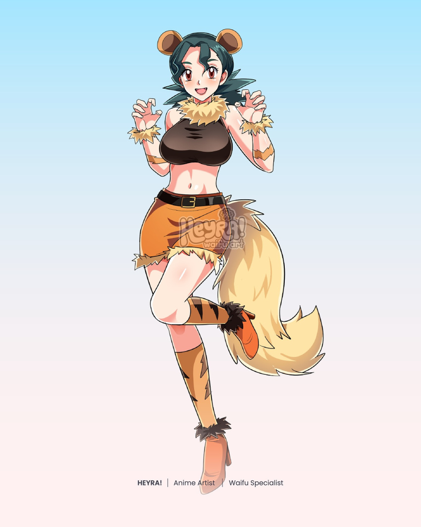 1girl, alternate_breast_size_(larger), animal_ears, artist_name, belt, black_belt, breasts, claw_pose, commentary, commission, english_commentary, fur_trim, green_hair, heyreza.art, high_heels, highres, jenny_(pokemon), kemonomimi_mode, kneehighs, large_breasts, miniskirt, multiple_tails, open_mouth, orange_shoes, orange_skirt, orange_socks, pokemon, pokemon_(anime), pokemon_(classic_anime), red_eyes, shoes, skirt, smile, socks, solo, standing, standing_on_one_leg, tail, watermark, wrist_cuffs