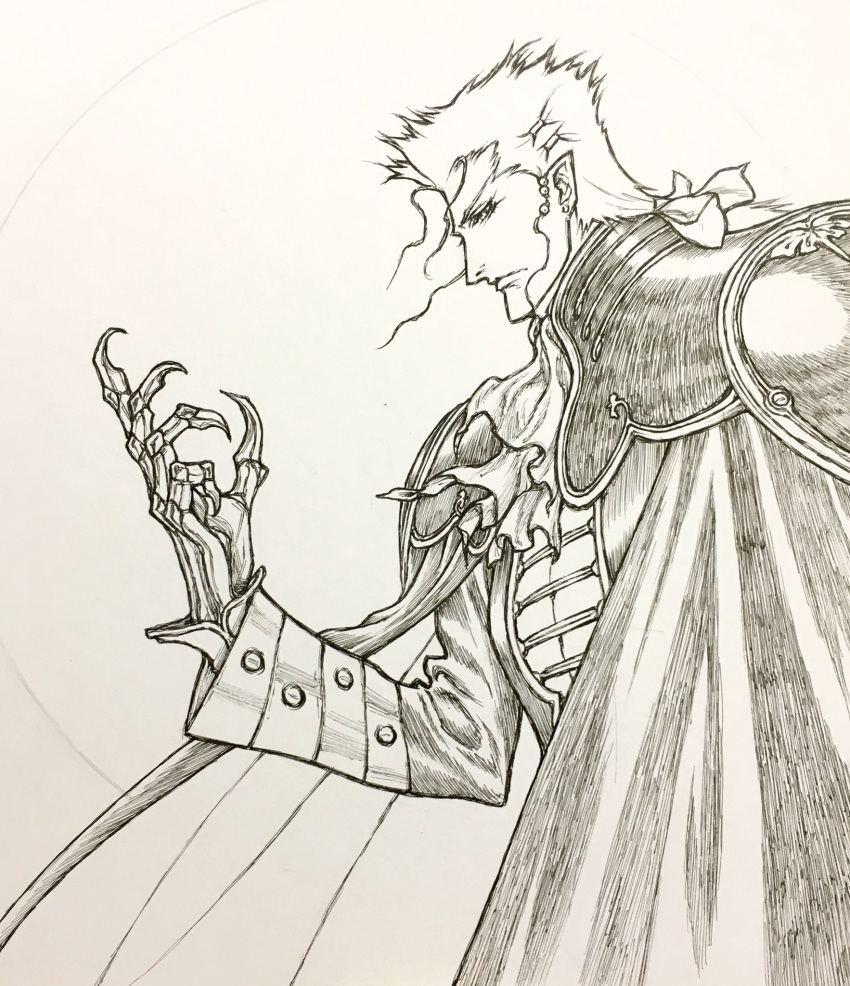 1boy, cape, closed_mouth, fingernails, greyscale, highres, looking_at_viewer, meier_link