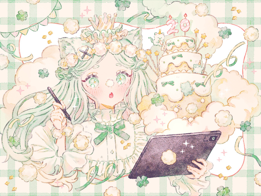 1girl, :o, animal_ear_fluff, animal_ears, bib_collar, birthday_cake, black_bow, black_bowtie