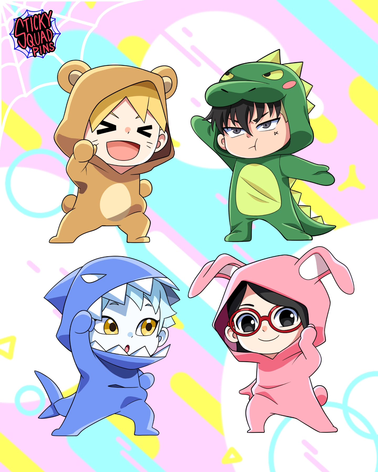 >_<, 1girl, 3boys, :o, animal_costume, animal_ears, artist_collaboration, bear_costume
