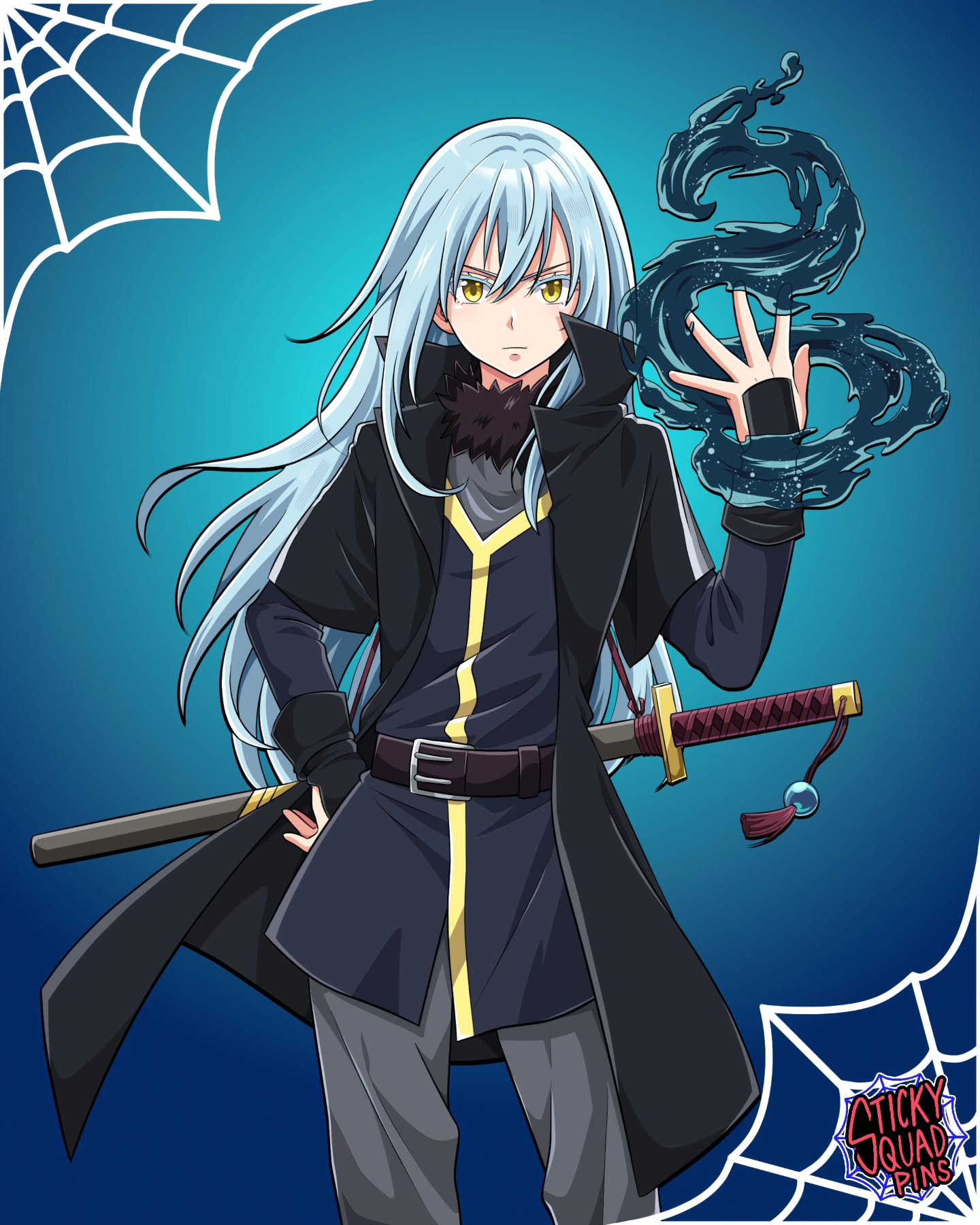 1other, androgynous, belt, black_coat, blue_hair, brown_belt, coat, colored_eyelashes, commentary, english_commentary, fur_trim, grey_pants, hand_on_own_hip, heyreza.art, highres, katana, long_hair, magic, other_focus, pants, rimuru_tempest, serious, sheath, sheathed, solo, sword, tensei_shitara_slime_datta_ken, very_long_hair, watermark, weapon, yellow_eyes