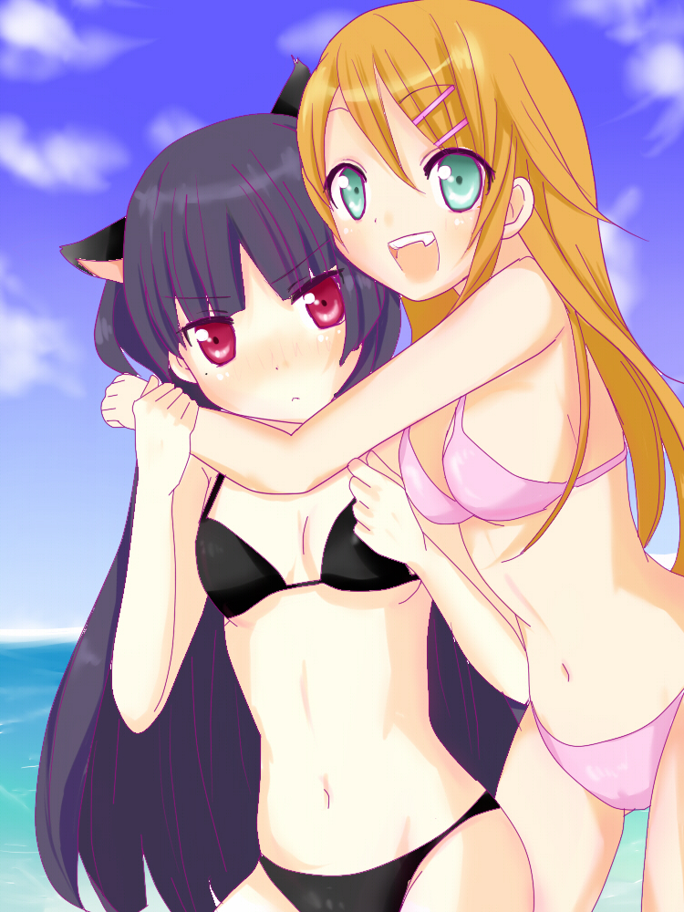 animal_ears, bikini, black_hair, cat_ears, gokou_ruri, green_eyes, hug, kousaka_kirino, long_hair, open_mouth, orange_hair, ore_no_imouto_ga_konna_ni_kawaii_wake_ga_nai, red_eyes, swimsuit, zeppeki_airin
