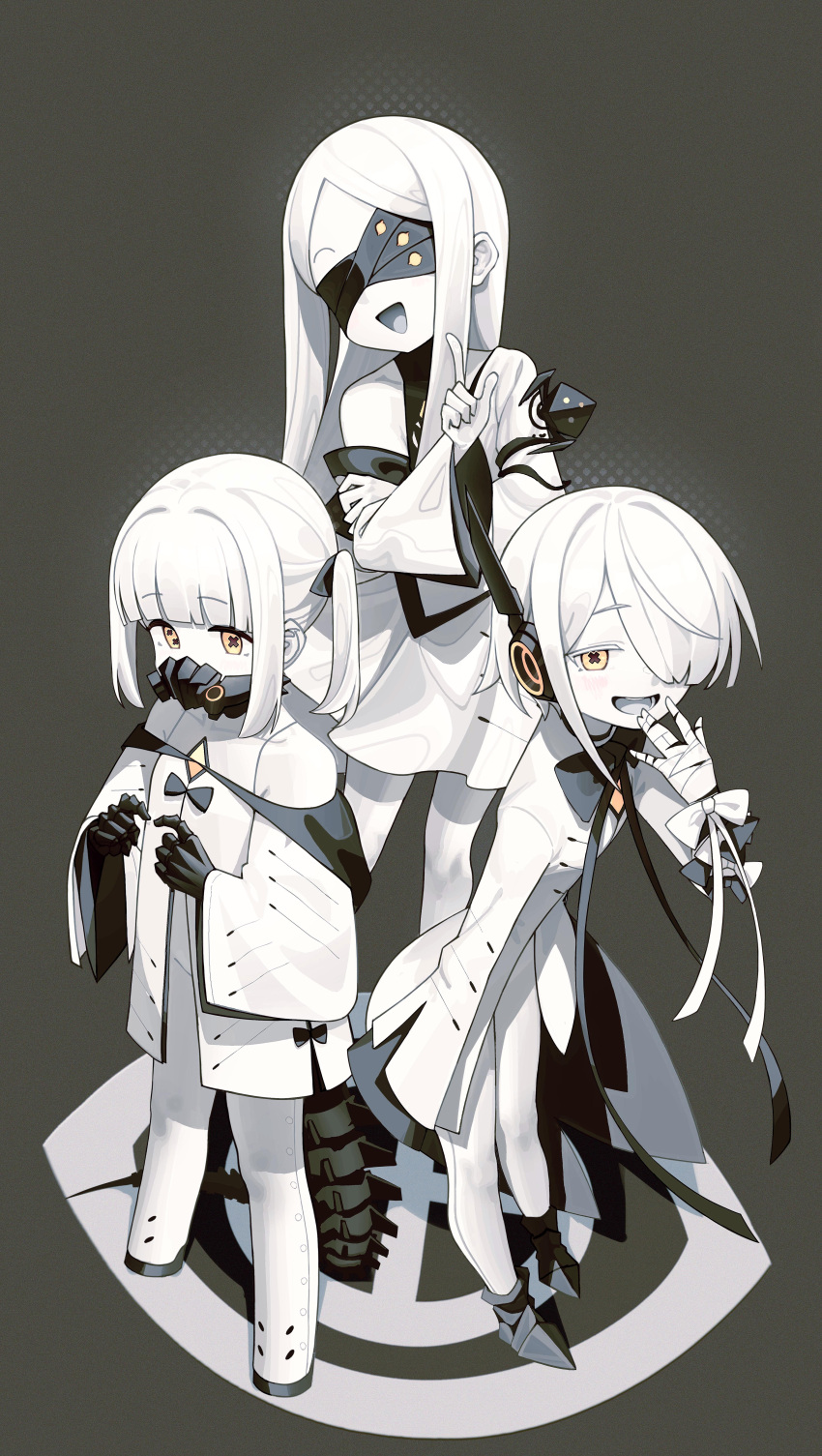 3girls, absurdres, black_background, black_bow, blindfold, blue_archive, bow, colored_skin