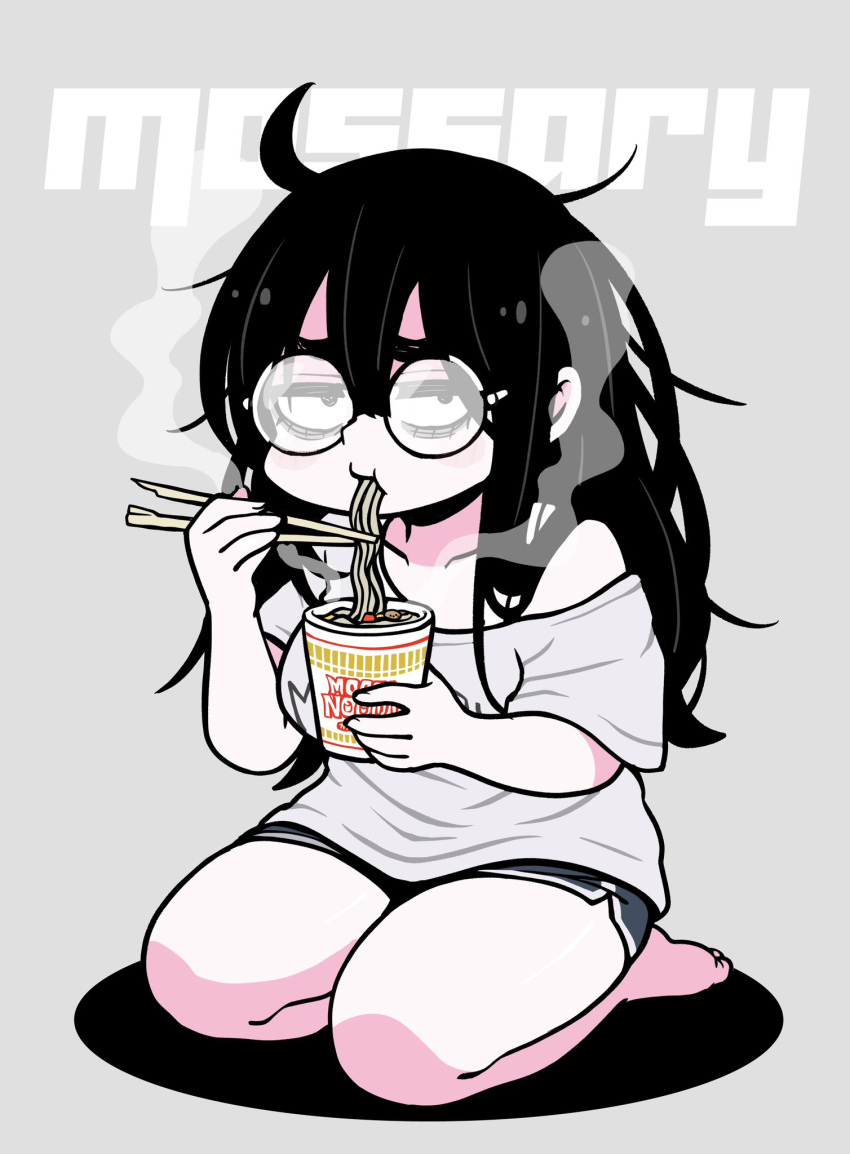 1girl, ahoge, bags_under_eyes, black_hair, chopsticks, dolphin_shorts, eating, food