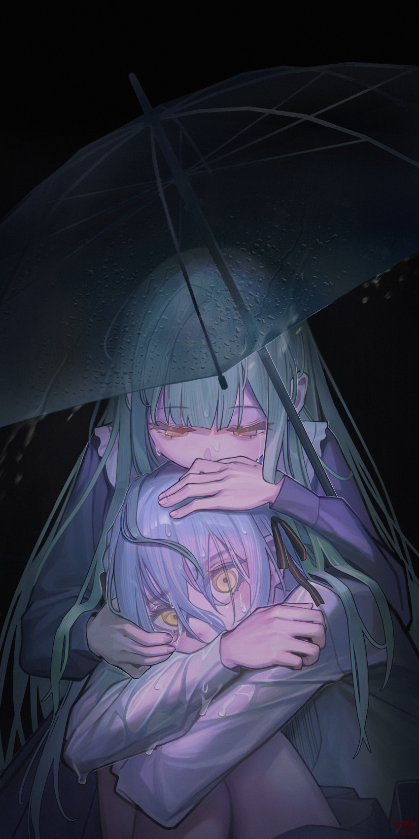 2girls, absurdres, bang_dream!, bang_dream!_it's_mygo!!!!!, black_ribbon, blue_dress, blue_hair, chinese_commentary