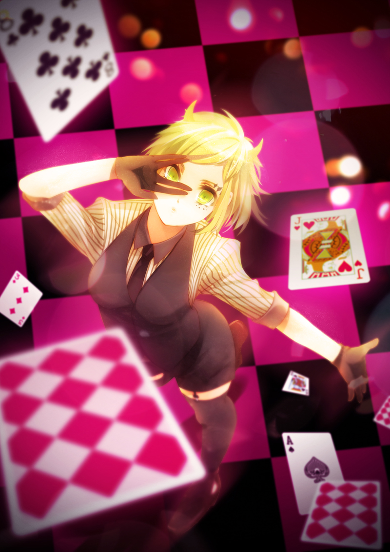 blurry, card, cards, depth_of_field, falling_card, formal, from_above, garter_straps