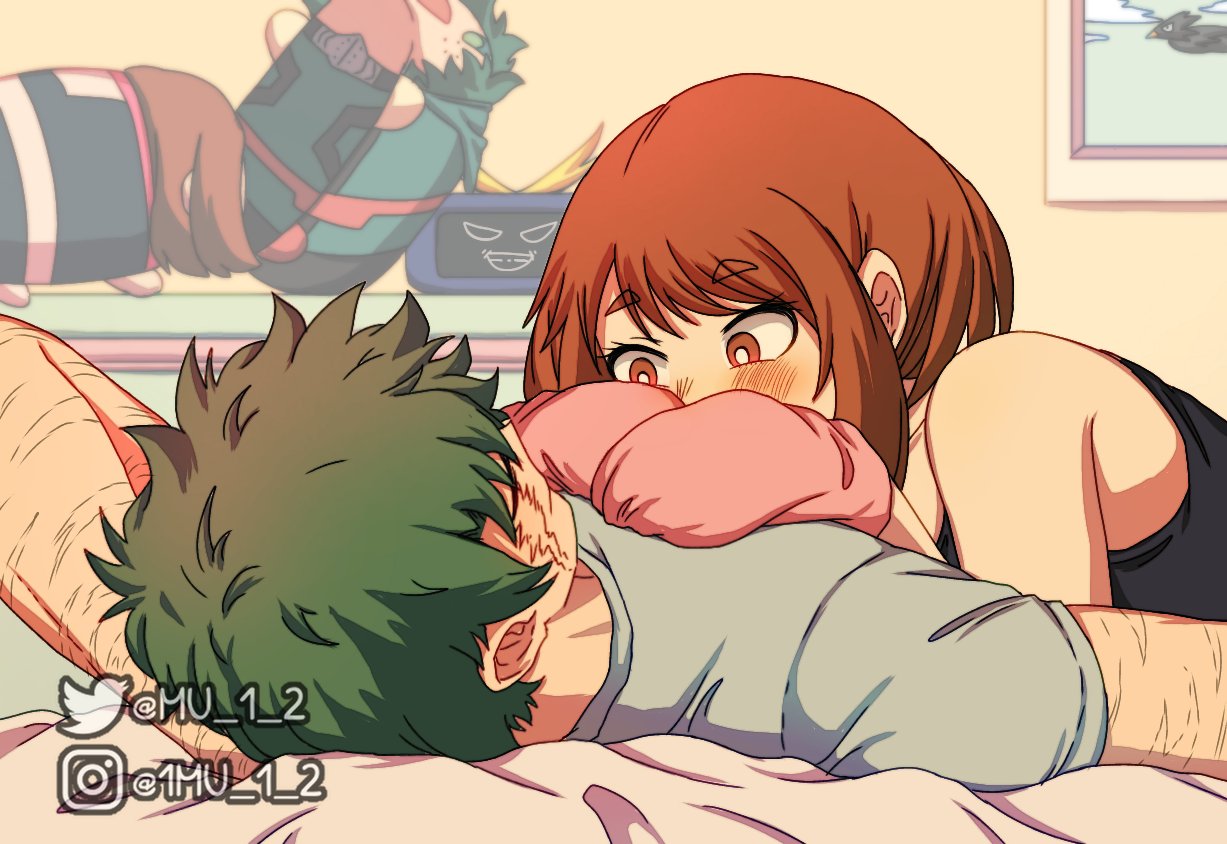 1boy, 1girl, all_might, arm_behind_head, black_tank_top, blush, boku_no_hero_academia, brown_eyes