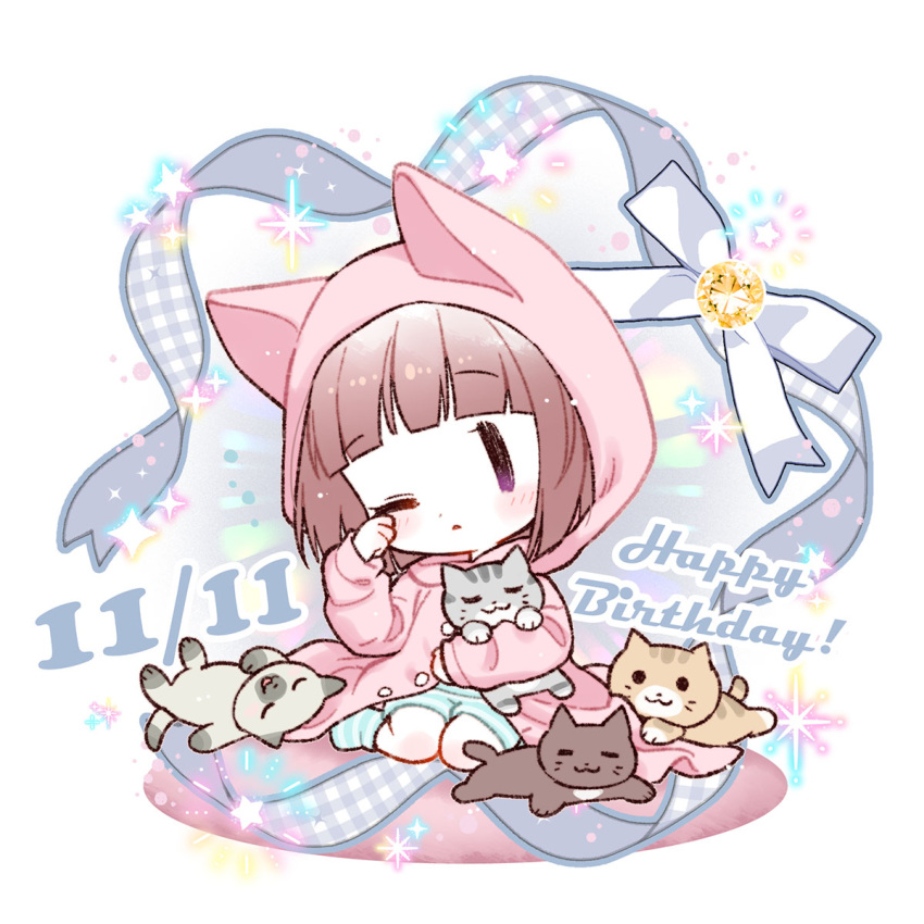 1girl, animal, artist_request, blue_shorts, blunt_bangs, blush, brown_cat, cat