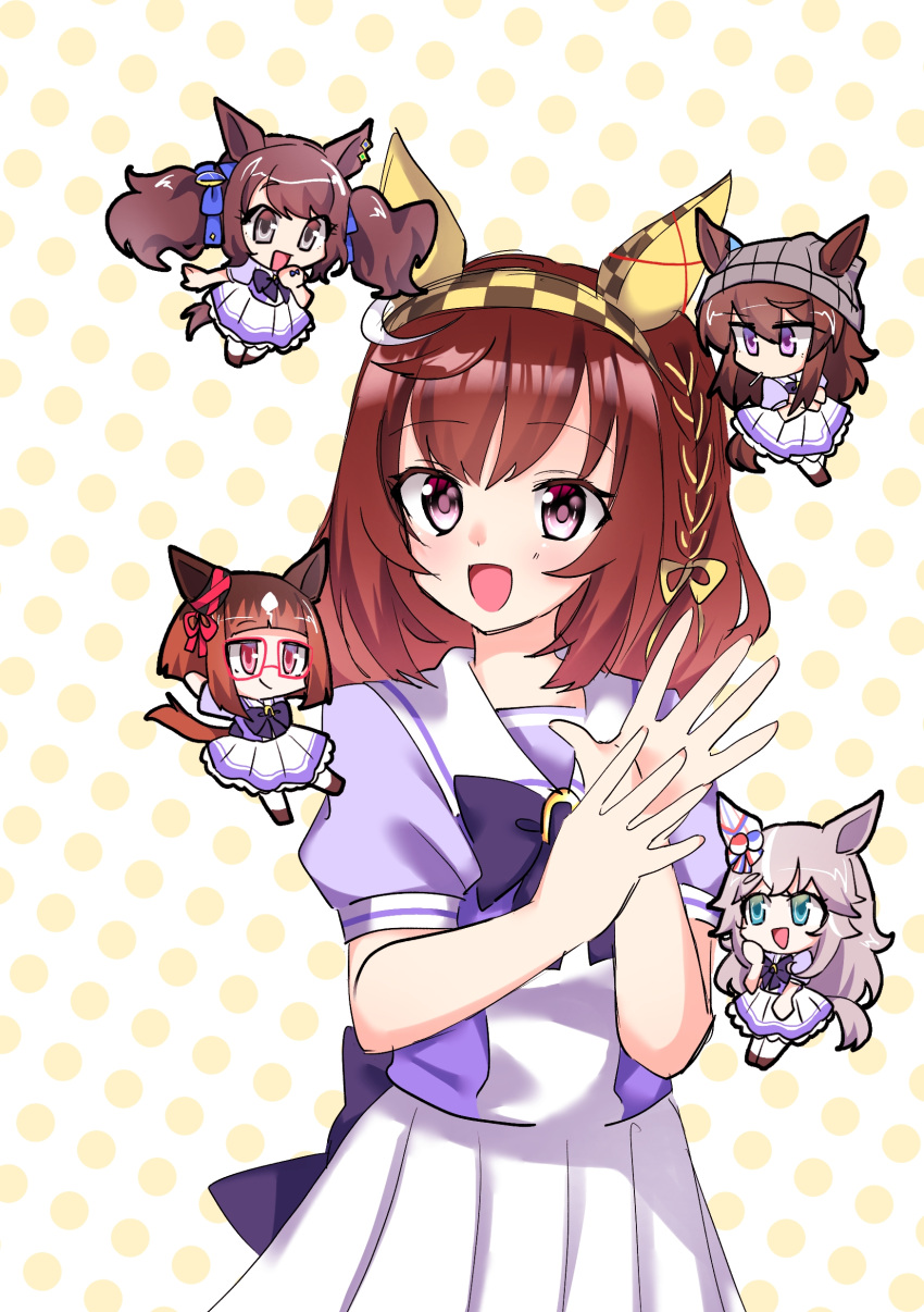 absurdres, animal_ears, beanie, black_hair, blue_eyes, blush, breasts, brown_hair, buena_vista_(umamusume), chibi, collarbone, commentary_request, grey_hair, hat, highres, horse_girl, looking_at_viewer, nakayama_festa_(umamusume), open_mouth, polka_dot, polka_dot_background, school_uniform, sese_(user_zkhn7285), simple_background, smile, tosen_jordan_(umamusume), umamusume, wonder_acute_(umamusume)