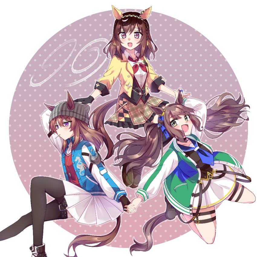 alternate_costume, animal_ears, beanie, black_hair, blush, breasts, brown_hair, buena_vista_(old_design)_(umamusume)