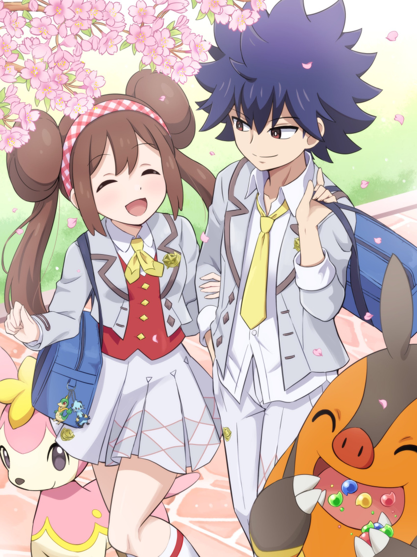 1boy, 1girl, absurdres, bag, blue_hair, brown_hair, character_charm, charm_(object), closed_eyes, closed_mouth, collared_shirt, deerling, deerling_(spring), dewott, double_bun, hair_bun, highres, holding, holding_bag, hugh_(academy)_(pokemon), hugh_(pokemon), jacket, looking_at_another, neckerchief, necktie, official_alternate_costume, open_clothes, open_jacket, open_mouth, pignite, pokemoa, pokemon, pokemon_(creature), pokemon_masters_ex, red_eyes, red_vest, rosa_(academy)_(pokemon), rosa_(pokemon), school_bag, school_uniform, servine, shirt, skirt, smile, spiky_hair, twintails, vest, white_shirt, yellow_neckerchief, yellow_necktie