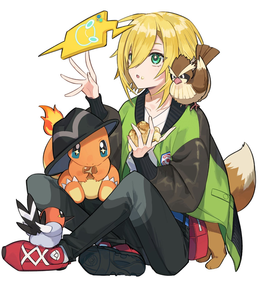 black_pants, black_sleeves, bomber_jacket, bread, charmander, cross_laced_footwear, crossed_legs, eevee