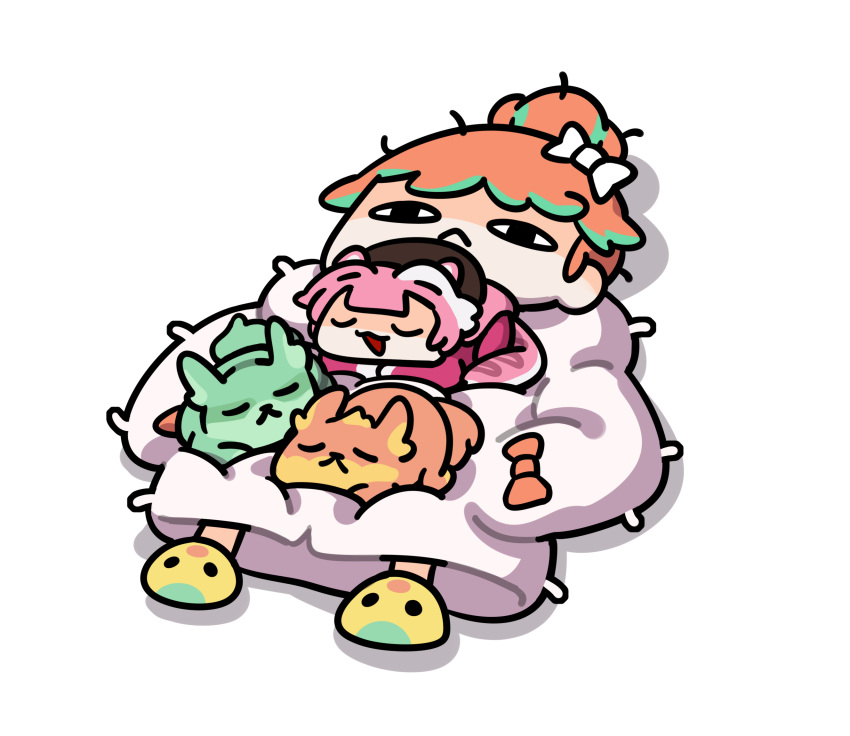 2girls, :<, animal_ears, aqua_hair, beret, cat_loaf, chonkers_(takanashi_kiara), closed_mouth, commentary, hair_bun, hat, highres, hololive, hololive_english, jacket, keenbiscuit, lying, multicolored_hair, multiple_girls, on_back, orange_hair, panther_ears, panther_tail, pink_hat, raora_panthera, raora_panthera_(1st_costume), sleeping, slippers, smoothie_(takanashi_kiara), streaked_hair, symbol-only_commentary, tail, takanashi_kiara, takanashi_kiara_(cozy), virtual_youtuber, white_hair