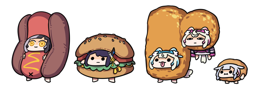 5girls, absurdres, animal_ears, asymmetrical_horns, black_hair, blonde_hair, blue_hair, burger_costume