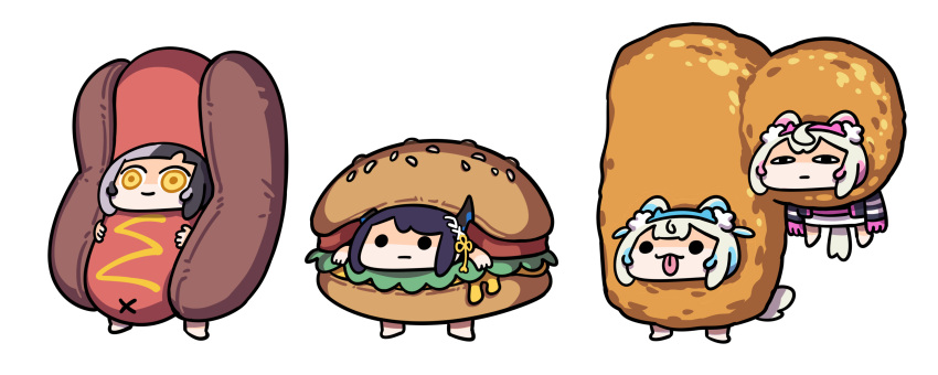 4girls, absurdres, animal_ears, asymmetrical_horns, black_hair, blonde_hair, blue_hair, burger_costume