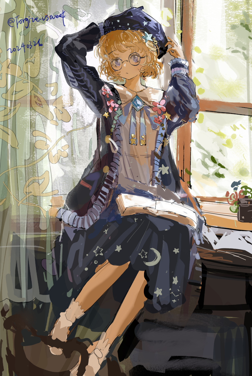 1girl, absurdres, artist_name, beret, black-framed_eyewear, blonde_hair, blue_bow, blue_dress