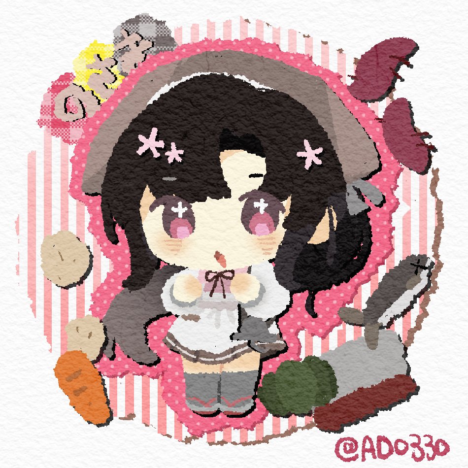 +_+, 1girl, andrea_(andreadoria0330), apron, bandana, black_hair, carrot, character_name