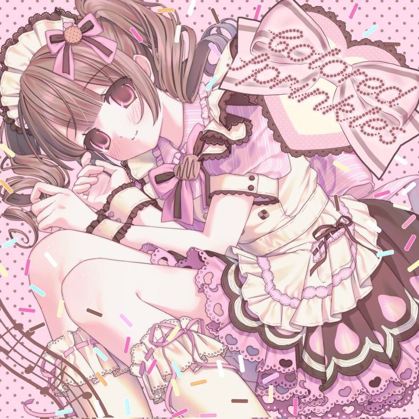 1girl, :3, apron, blush, bow, brown_bow, brown_hair, checkerboard_cookie