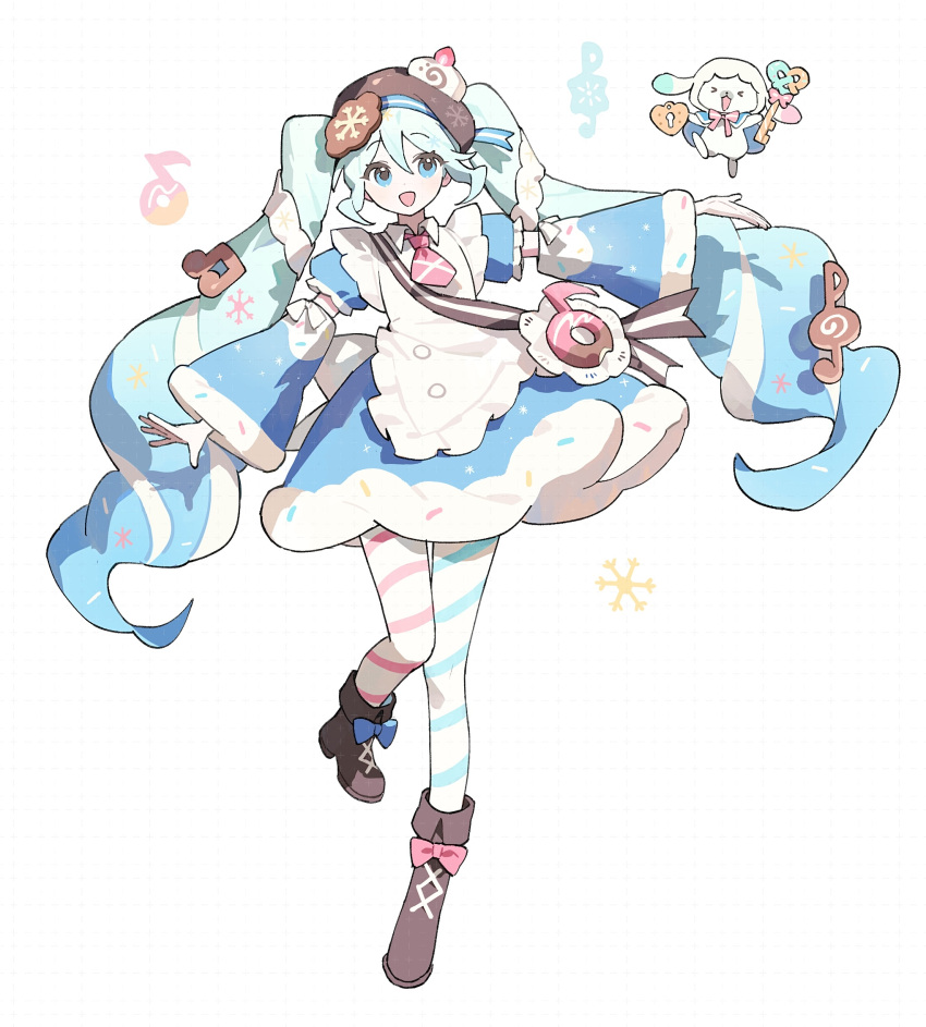 1girl, :d, ame_ame, bag, blue_bow, blue_dress, blue_eyes, blue_hair, blue_sleeves, boots, bow, brown_boots, brown_hat, cookie_hair_ornament, detached_sleeves, double-parted_bangs, dress, food-themed_hair_ornament, footwear_bow, frilled_sleeves, frills, full_body, grid_background, hair_between_eyes, hair_ornament, hat, hatsune_miku, highres, long_hair, long_sleeves, musical_note-themed_food, necktie, open_mouth, outstretched_arm, pantyhose, pink_bow, pink_necktie, rabbit_yukine, short_necktie, short_sleeves, simple_background, smile, snowflakes, solo, standing, standing_on_one_leg, striped_clothes, striped_pantyhose, twintails, vocaloid, white_background, yuki_miku, yuki_miku_(2026)