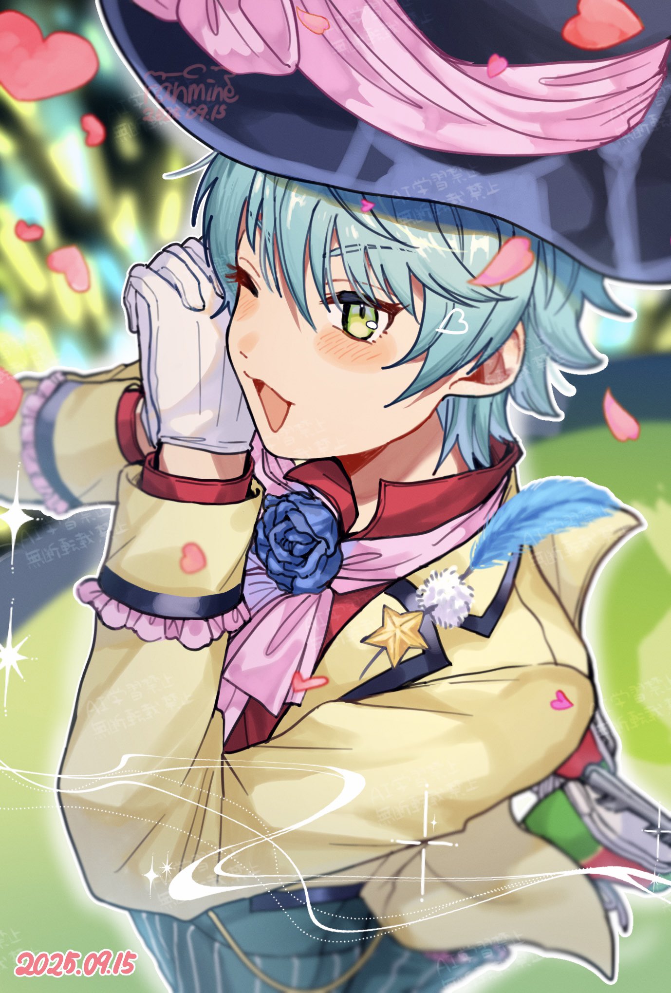 black_hat, blue_flower, blue_hair, blue_rose, dated, flower, gloves, glowstick, green_eyes, hands_up, hashtag-only_commentary, hat, highres, ice_skates, interlocked_fingers, jacket, kashi_ore_3, king_of_prism, long_sleeves, looking_at_viewer, male_focus, one_eye_closed, open_mouth, own_hands_together, pants, penlight_(glowstick), petals, pretty_rhythm, pretty_series, red_shirt, rose, shirt, short_hair, skates, smile, solo, standing, standing_on_one_leg, striped_clothes, striped_pants, takadanobaba_jouji, top_hat, vertical-striped_clothes, vertical-striped_pants, white_gloves, yellow_jacket