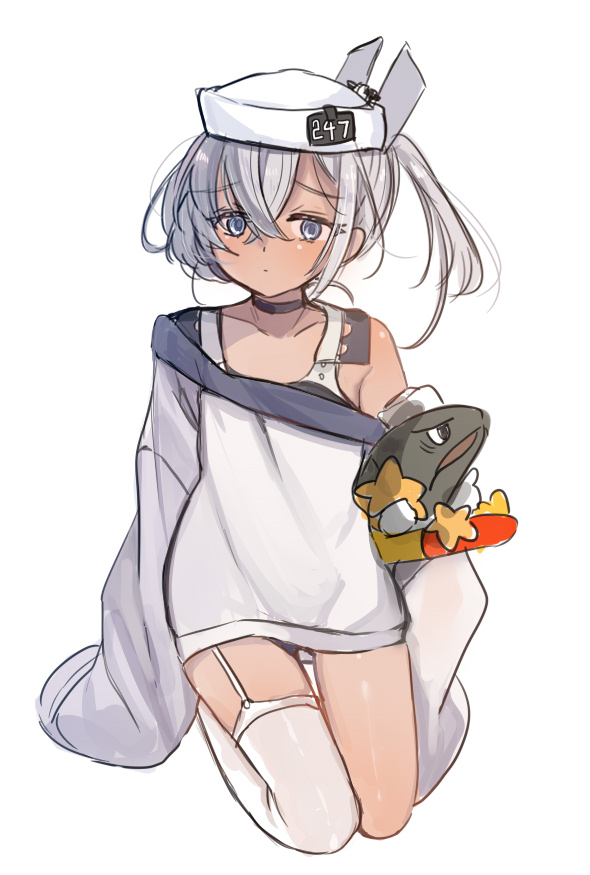 1girl, black_one-piece_swimsuit, dace_(kancolle), dixie_cup_hat, fish, garter_straps, grey_eyes, grey_hair