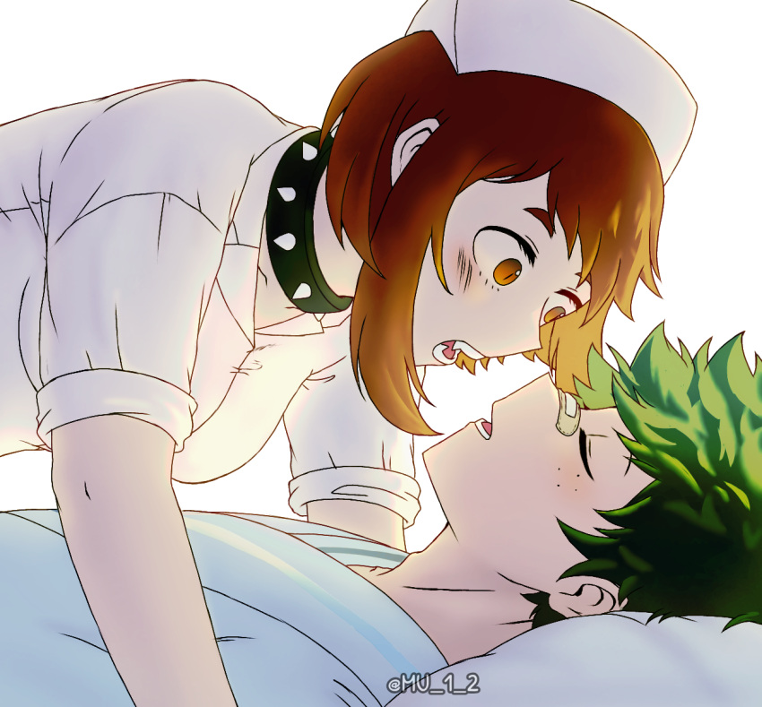 1boy, 1girl, bandaid, bandaid_on_face, bandaid_on_nose, blue_robe, boku_no_hero_academia, breasts