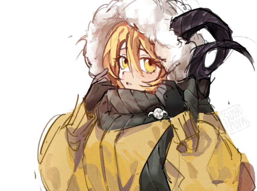 1girl, black_gloves, blonde_hair, commentary, don_quixote_(project_moon), expressionless, gloves, goat_horns, hair_between_eyes, heishou_pack-wei_branch_(identity)_(project_moon), hood, hood_up, horns, limbus_company, long_sleeves, looking_at_viewer, project_moon, simple_background, solo, suyapuya, symbol-only_commentary, upper_body, white_background, yellow_eyes
