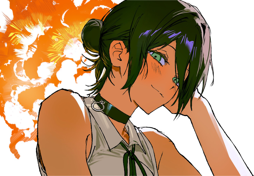 1girl, black_choker, black_hair, black_ribbon, chainsaw_man, choker, closed_mouth, collared_shirt, commentary, explosion, green_eyes, grenade_pin, gwonminchang_(pedestrianium), hair_bun, hashtag-only_commentary, highres, looking_at_viewer, neck_ribbon, reze_(chainsaw_man), ribbon, shirt, sleeveless, sleeveless_shirt, solo, upper_body, white_shirt