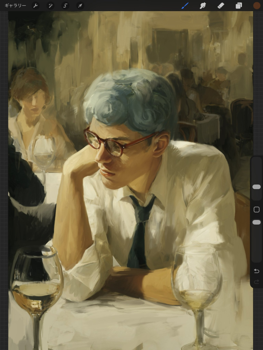 1boy, alternate_costume, blue_hair, blue_necktie, chair, collared_shirt, cup, drink