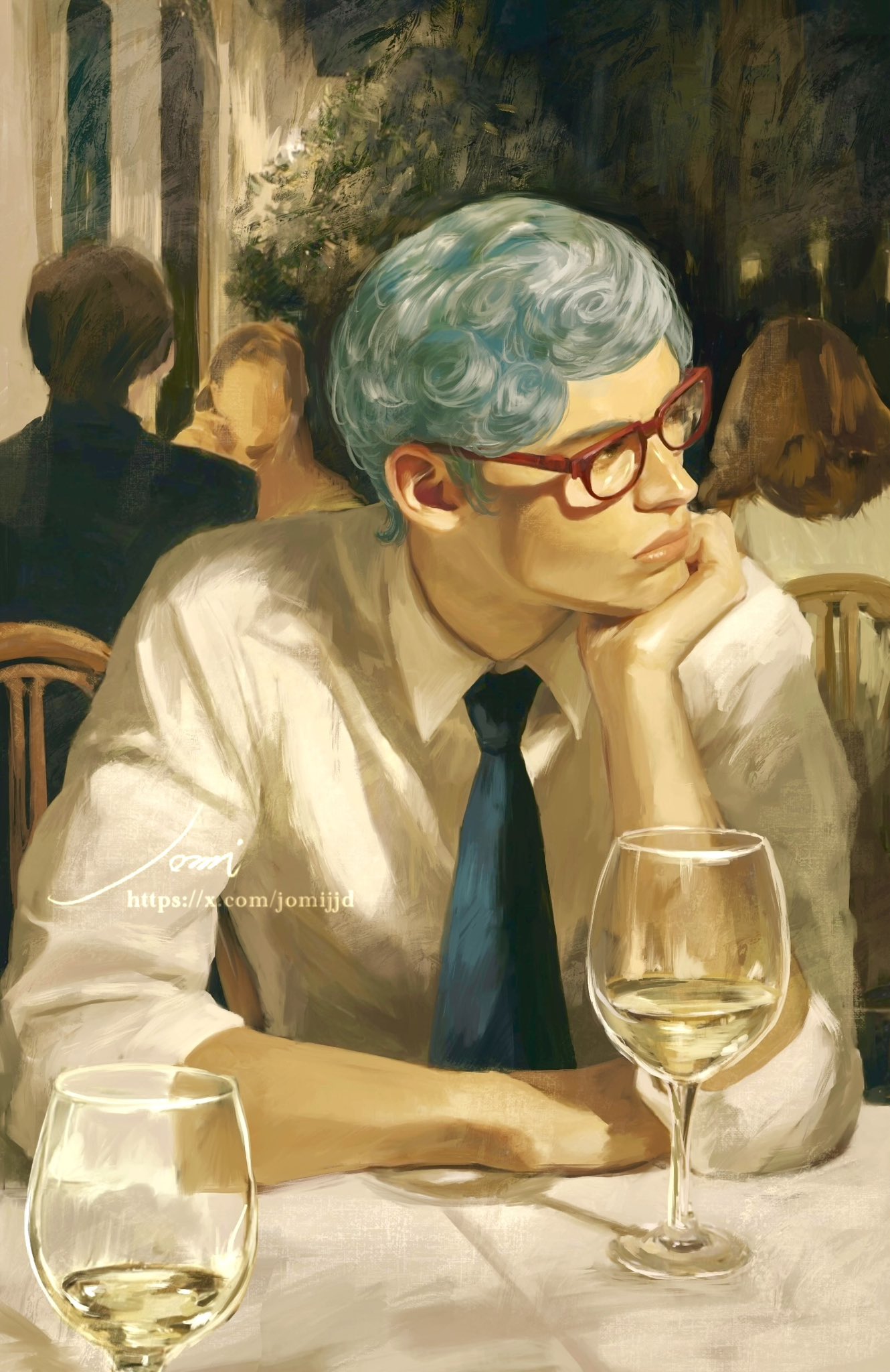 1boy, alternate_costume, blue_hair, blue_necktie, chair, collared_shirt, commentary, cup
