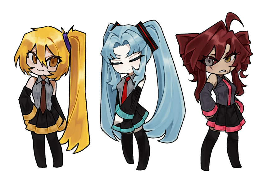 3girls, ahoge, akita_neru, akita_neru_(cosplay), angela_(project_moon), black_skirt, black_sleeves, blonde_hair