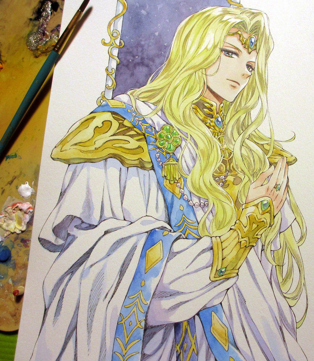 1boy, agahari, aiguillette, angelique_(series), armor, art_brush, art_tools_in_frame, blonde_hair