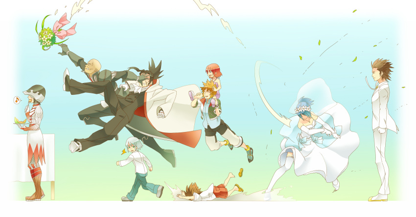 bald, banana_gyuunyuu, beard, black_hair, blue_eyes, blue_hair, bouquet, bridal_veil