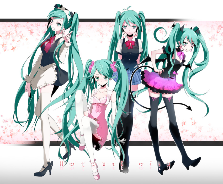 alternate_costume, aqua_eyes, aqua_hair, bat_wings, enmaided, hair_ornament, hairclip, hatsune_miku